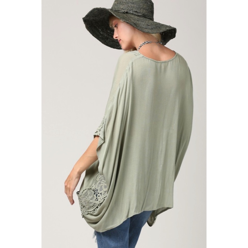 Olive Green Yoryu V-Neck Lace Trim Kimono Blouse Bohemian Casual Top - Picture 4 of 4